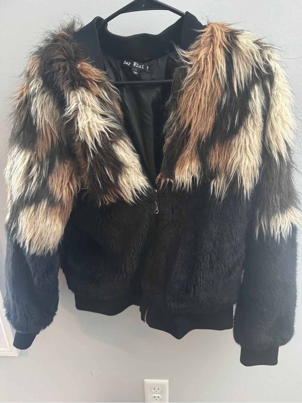 Say What? Black Faux Fur Bomber with Brown & Cream Fur Accents